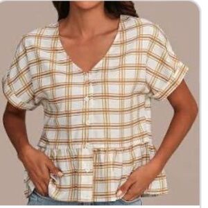 Blu Pepper White Tan Brown Plaid Babydoll Button Down Blouse Cuffed Short Sleeve